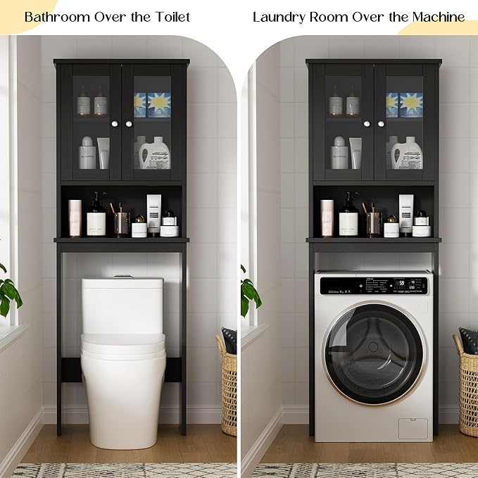 Walsunny Over Toilet Storage Cabinet, BathroomShelf Organizer Over Toilet, Washing Machine Box, Space Saver with Adjustable Decorative Racks（Black）