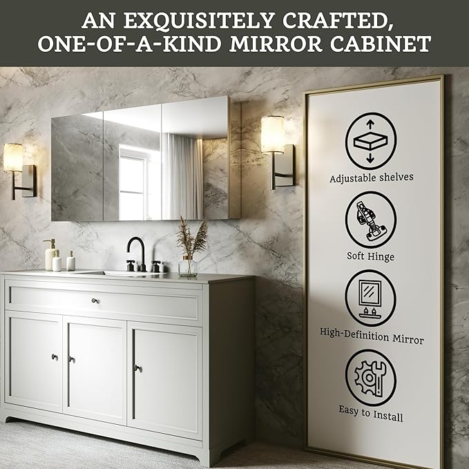 48x24 Bathroom Medicine Cabinet with Mirror,Aluminum Alloy Frame with Mirror Side Panels,Surface Medicine Cabinet with Adjustable Shelves,Assembly Required