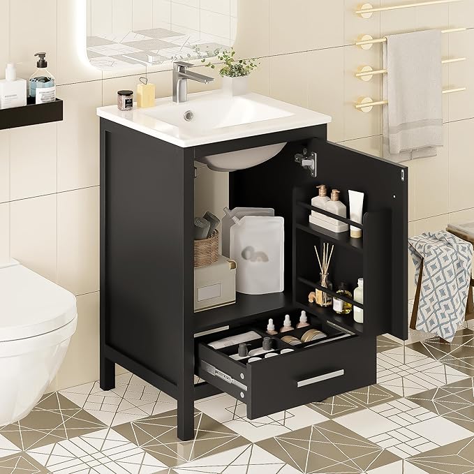20" Small Bathroom Vanity with Sink, Soft-Close Drawer and Door, Wood Modern Single Bathroom Sink Cabinet with Doors and Shelves, Adjustable Foot Pads, for Small Space (Black)