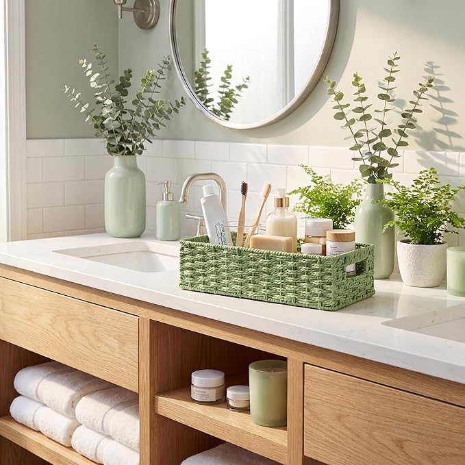 StorageWorks Small Wicker Toilet Basket Tank Topper with Built-in Handles, Toilet Paper Baskets for Back of Tank, Paper Rope Bathroom Basket Organizer and Storage for Sage Green Bathroom Decor, Green