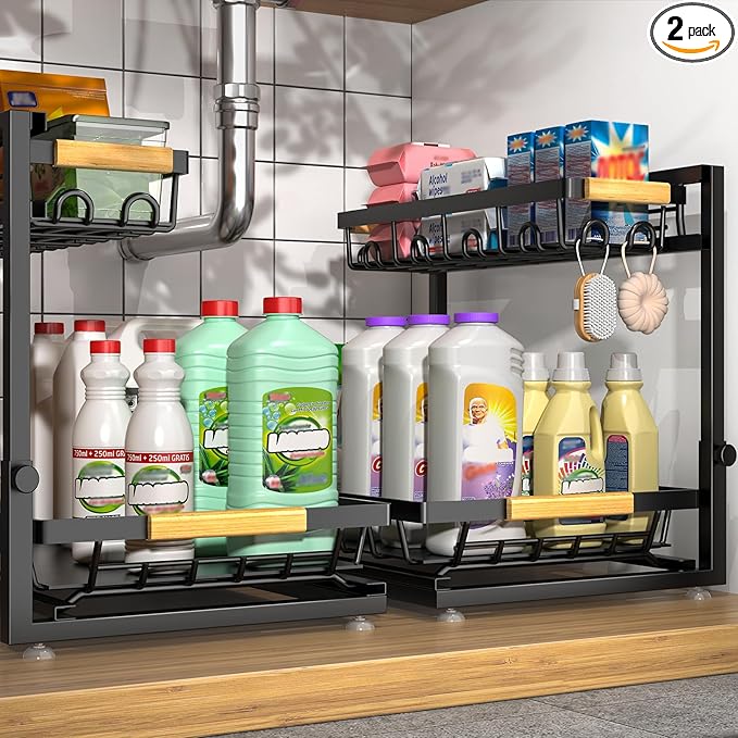 2 Packs Under Sink Organizer, Height Adjustable 2 Tier Under Kitchen Sink Organizer, Multi-Purpose Storage Shelf for Kitchen Bathroom Cabinet (Black, Large)
