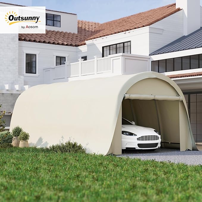 Outsunny 12' x 23.6' Heavy Duty Carport, Portable Garage Car Canopy Tent with UPF50+ Sun Protection, Galvanized Frame, Large Roll-Up Door for Cars, Trucks, Boats, Motorcycle, Bike, Beige