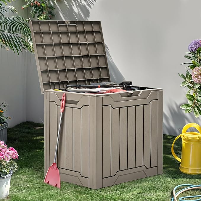 YITAHOME 31 Gallon Outdoor Storage Box, Resin Deck Box and Waterproof Package Delivery Box for Gardening Tools, Pool Supplies, Patio Furniture, Lockable, Taupe