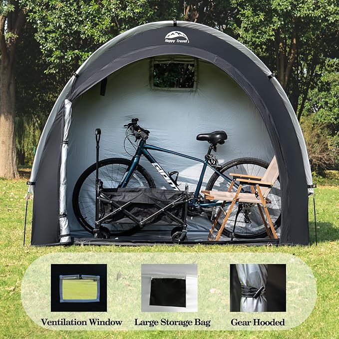 Happy Travel Bike Storage Tent Shed, Outdoor Waterproof Bicycle Covers Shelter with Window for 2/3/4/6/8 Bikes,Oversized Outside Portable Sheds for Lawn Mower,Garden Tools