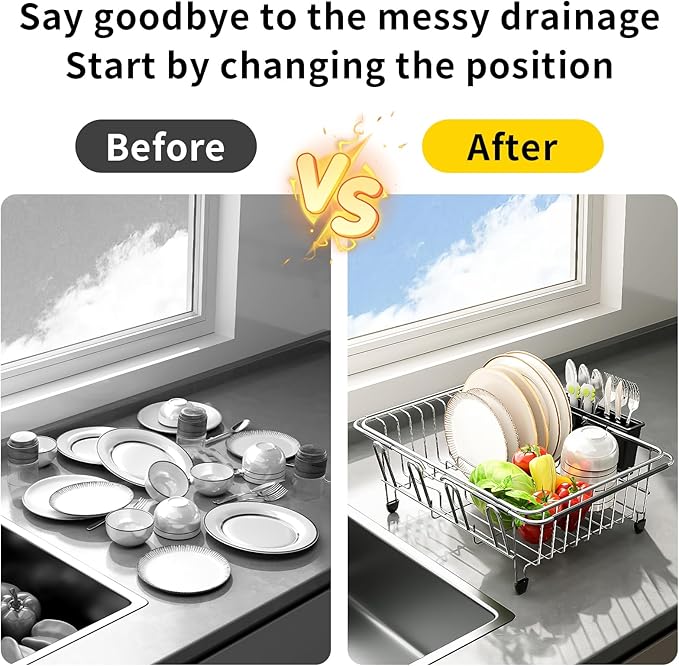 Expandable Over The Sink Dish Drying Rack - Adjustable Stainless Steel Dish Rack for Kitchen Counter or In-Sink, Heavy-Duty Rust-Proof Space Saving Drainer with Utensil Holder (15.5" to 23.2")