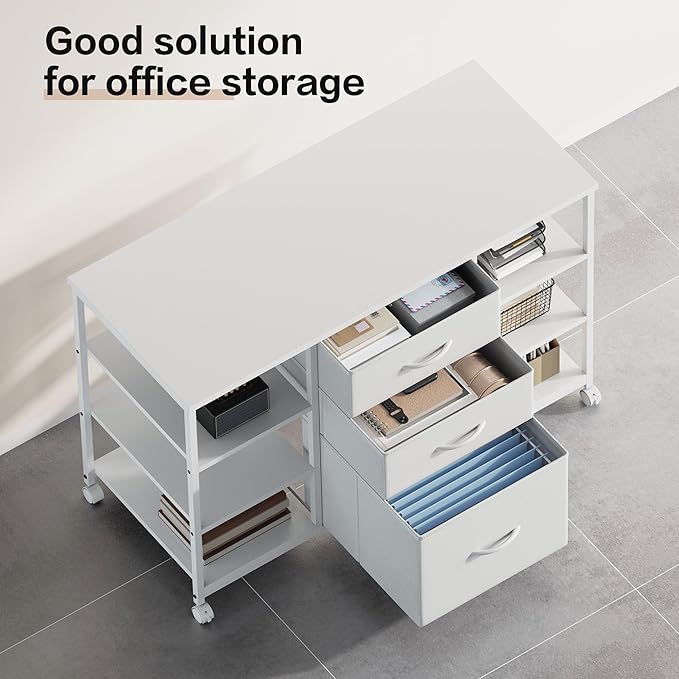 Mobile File Cabinet,Lateral Filing Cabinet with 3 Fabric Drawers,Rolling Printer Stand with 4 Open Storage Shelf for Home Office, White