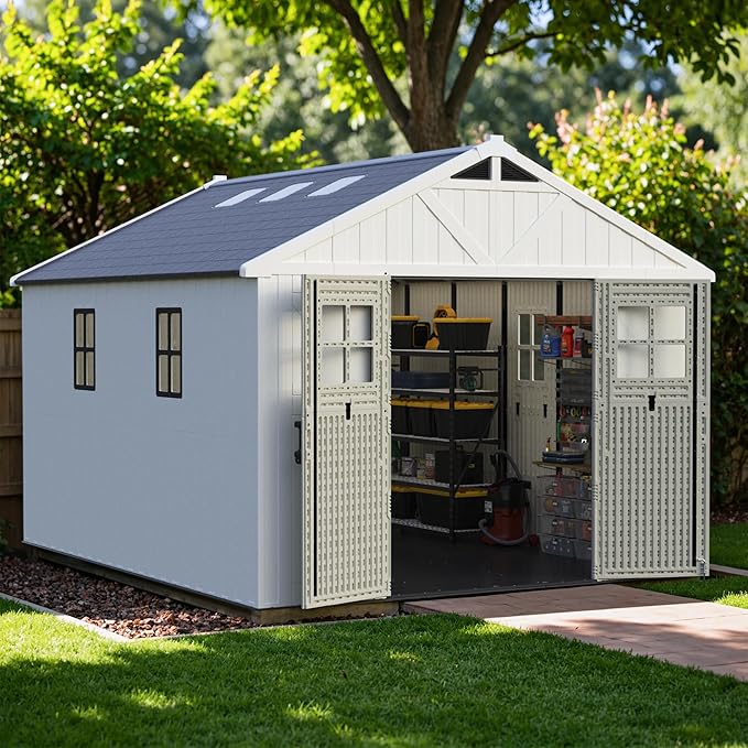 Greesum 10×12FT Plastic Outdoor Storage Shed with Floor and Lockable Door, Resin Sheds with Windows and Skylights, Organization for Garden, Lawn, Pool Supplies, Beige