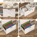 44" Lateral File Cabinet with Adjustable Shelves, Farmhouse 2 Drawer Filing Cabinet with Lock for Legal/A4/Letter, Wooden Printer Stand Office Furniture Storage Cabinets for Home Office, Rustic White