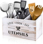 Wood Kitchen Utensil Caddy with 3 Compartments, Rustic Farmhouse Style, Ideal for Storage and Organization, White