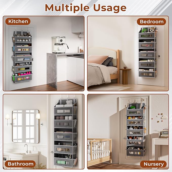 5-Tier Over The Door Storage Organizer with 10 Side Mesh Pockets, 48 lbs Load Capacity, 3 Hooks Design, Door Hanging Organizer with Clear Windows for Bathroom, Bedroom, Nursery, Kitchen-Grey