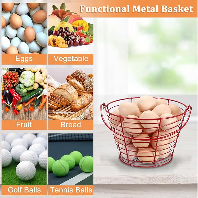 3 PCS 8" Red Round Wire Egg Baskets for Fresh Egg With Handle, Small Metal Collecting Basket for Gathering Fresh Eggs, Chicken and Duck Eggs Hunting Basket Egg-Holder Countertop