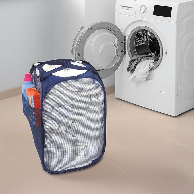 Smart Design Deluxe Mesh Pop Up Square Laundry Hamper w/ Side Pocket & Handles - VentilAir Fabric Collapsible Design - for Clothes & Laundry - Home - (Holds 2 Loads) (14 x 23 Inch) [Blue]