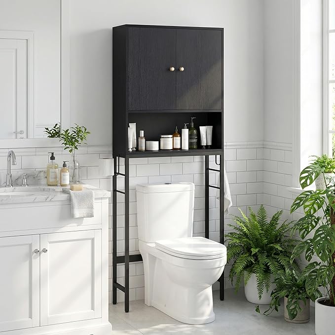 Tangkula Over The Toilet Storage Cabinet, Bathroom Space Saver Organizer with 2 Doors, Metal Stand, 2 Side Hooks, Freestanding Above Toilet Storage Cabinet for Restroom Laundry (Black)