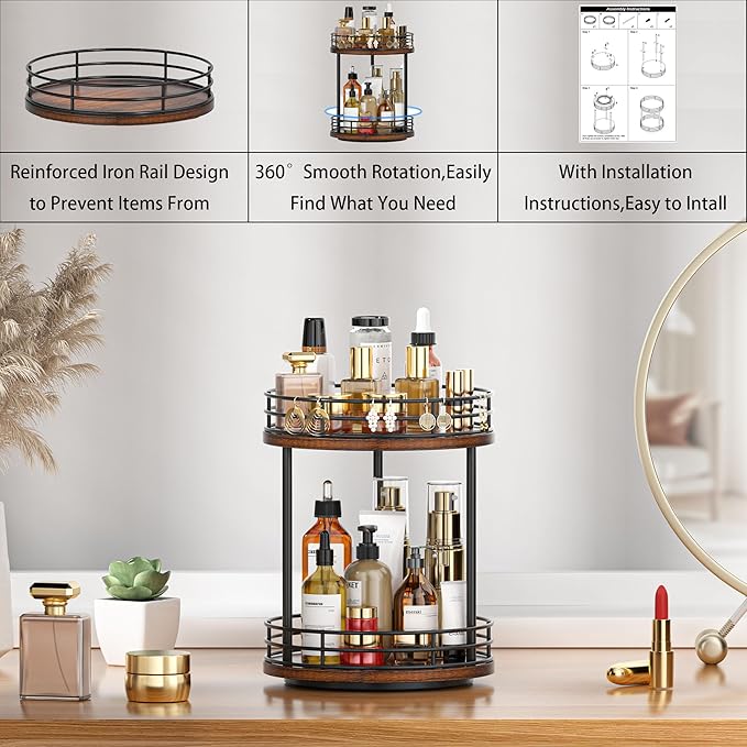 Bathroom Organizer Countertop,2 Tier Rotating Makeup Organizer Countertop for Vanity,Wooden Bathroom Counter Storage Shelf,Lazy Susan Turntable for Perfume,Skincare,Cosmetic (Brown)