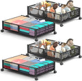Under Bed Storage With Wheels, 4 Pack Foldable Pattern Carved Metal Under Bed Storage Containers, 60L Rolling Underbed Storage, Easy Assembly Under The Bed Storage for Shoes, Clothes, Blankets...