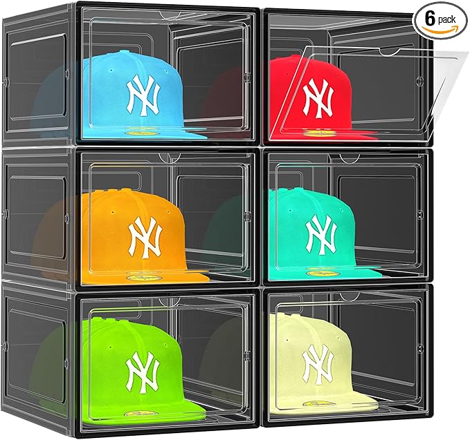 6 Pack Hat Organizer Box, Stackable Clear Baseball Caps Holder Box Containers with Magnetic Door for Hats Snapback Cap Storag, Hat Rack Display Case, Holds 8 Hats Each (Black)