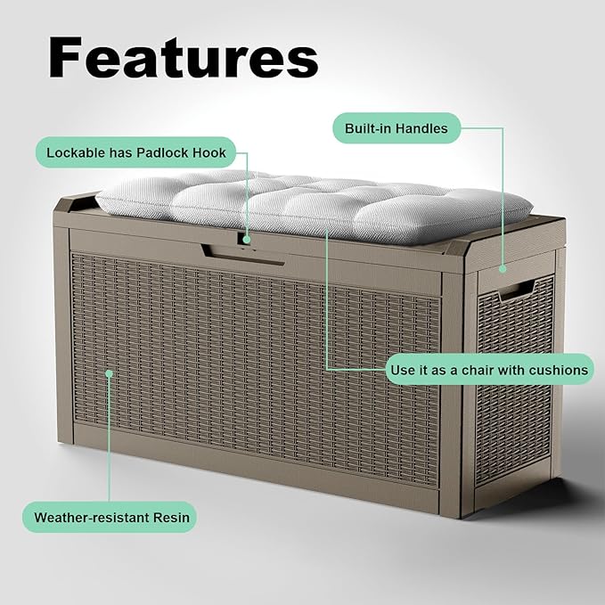 60 Gallon Deck Box,Resin Outdoor Storage Box with Lockable for Patio Furniture, Pool Accessories, Garden Tools, Waterproof Outside Storage Box, Grey