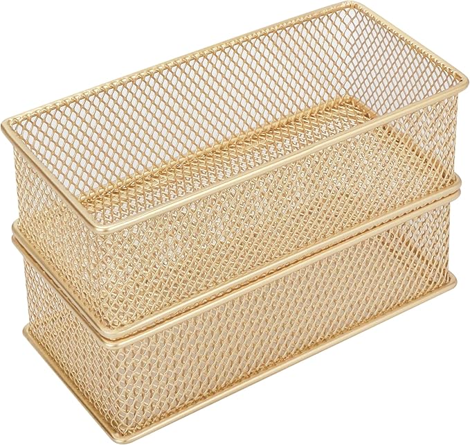 Annova Mesh Stackable Drawer Cabinet and Shelf Organizer Bins Storage Basket School Office Supply Holder Tray- Set of 2 (Gold, 3x6x2 Inch)