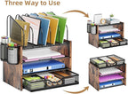 Marbrasse Desk Organizer with Drawer, 4-Tier Wooden File Organizer with 5 Vertical File Holders and 2 Pen Holders, Desk Organizers and Accessories for Home Office - Dark Brown