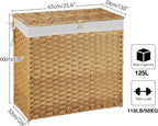Greenstell Laundry Hamper with Lid, 125L Large Clothes Hamper with 3 Section & 2 Section Removable Liner Bags & 5 Mesh Laundry Bags, Handwoven Synthetic Rattan Divided Laundry Basket, Natural