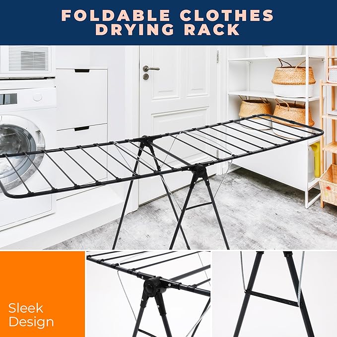 happhom Clothes Drying Rack, Height Adjustable Gullwing for Clothes and Dress, Space Saver Laundry Drying Rack with Smart Lock System, Easy Folding and Hanging for Storage, Sturdy Stainless Steel