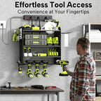 4 Layer Heavy Duty Power Tool Organizer Wall Mount with Charging Station, Adjustable Metal Storage Rack, 6 Outlets Strip, Drill Holders, Hooks & Drill Bit Rack for Garage, Workshop, Black