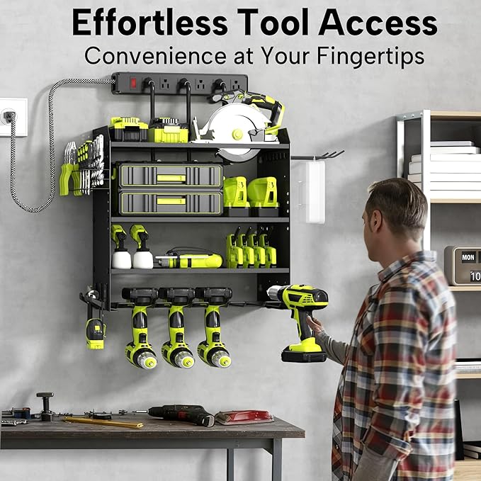 4 Layer Heavy Duty Power Tool Organizer Wall Mount with Charging Station, Adjustable Metal Storage Rack, 6 Outlets Strip, Drill Holders, Hooks & Drill Bit Rack for Garage, Workshop, Black