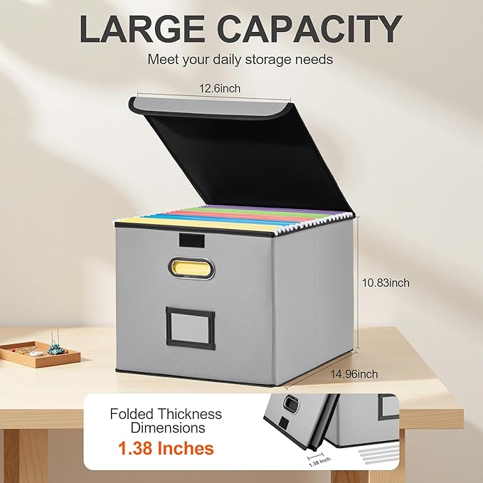 Collapsible File Box with Lid & Plastic Slide - Hanging Document Organizer for Office/Home, 14.96x12.6x10.83 Inch,Decorative Home File Bin,Light Grey, 1 Pack (No Folders Included)