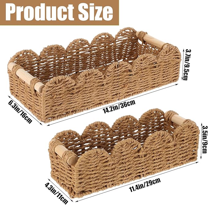 2 Pcs Toilet Paper Storage Basket, Beige Scalloped Edge Paper Rope Wicker Basket for Over Toilet Tank Top, Home Bathroom Bedroom Decor and Organization, Beige