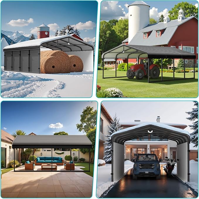 Metal Carport,20x20 Car Port Heavy Duty Metal for Snow,Car Tent Garage with Galvanized Metal Roof,Outdoor Two Car Carports All Weather