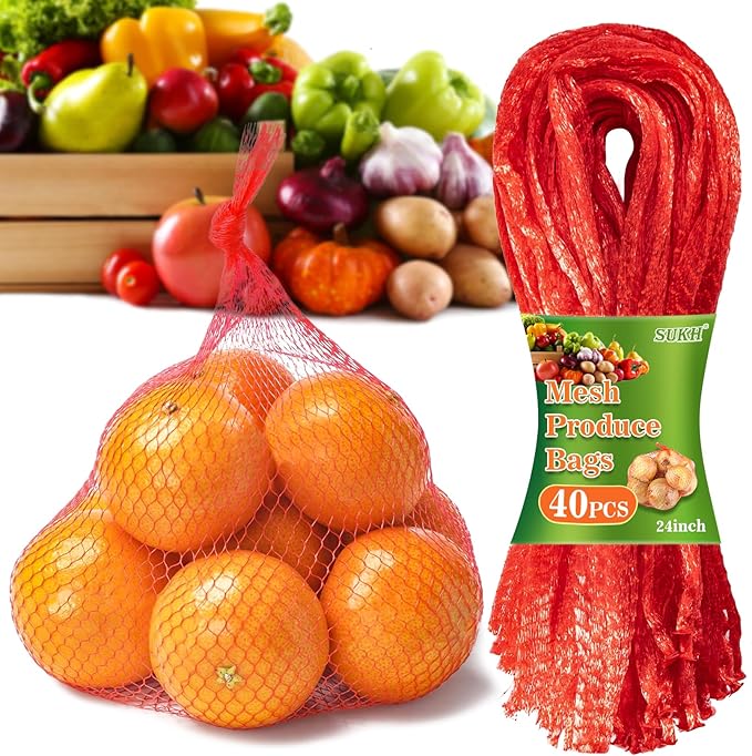 Sukh 90PCS Mesh Produce Bags - 24Inch Mesh Vegetable Bags Onion Storage Net Produce Seafood Net for vegetables Storage Fruits Seafood and Other Agricultural Products Red