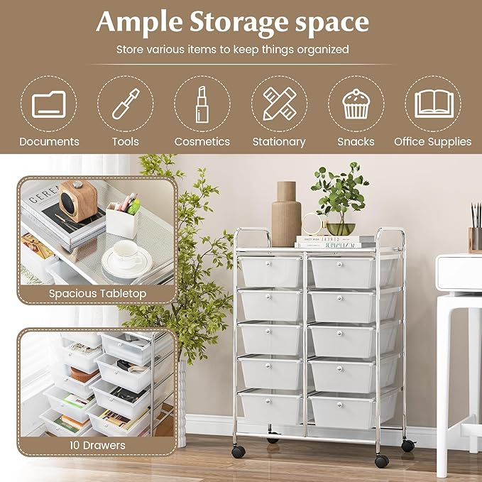 RELAX4LIFE Rolling Storage Cart with 10 Drawers - Craft Storage Cart with Lockable Wheels,Utility Cart, Art Cart Organizer for Crafting Storage, Studio, Office, Home, School Rolling Drawer Cart
