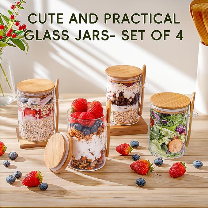 Overnight Oats Containers with Lids,16oz Overnight Oats Jars 4 Pack, Oatmeal Cups,Meal Prep Containers,Glass Meal Prep Containers with Lids,China Pudding Jars