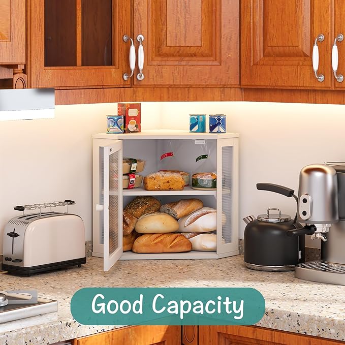White Bread Box for Kitchen Counter, Bamboo Wood Large Capacity Bread Storage Bin with Acrylic Wavy Door Panel (White, Meduim)