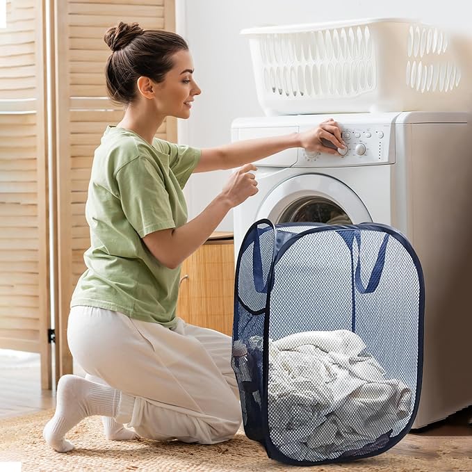 The upgraded pop-up laundry basket features a breathable side pocket mesh design, making it ideal for rooms, apartments, dormitories, travel, business trips, and children's storage(2, Dark blue)
