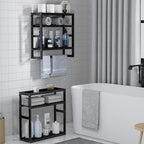 PPN Towel Rack Bathroom Storage Shelves Over The Toilet with Towel Bar 100% Bamboo Adjustable Height Floating Shelf Wall Shower Shelf for Small Space Bathroom Kitchen Multi Usage (Black-2Pack)