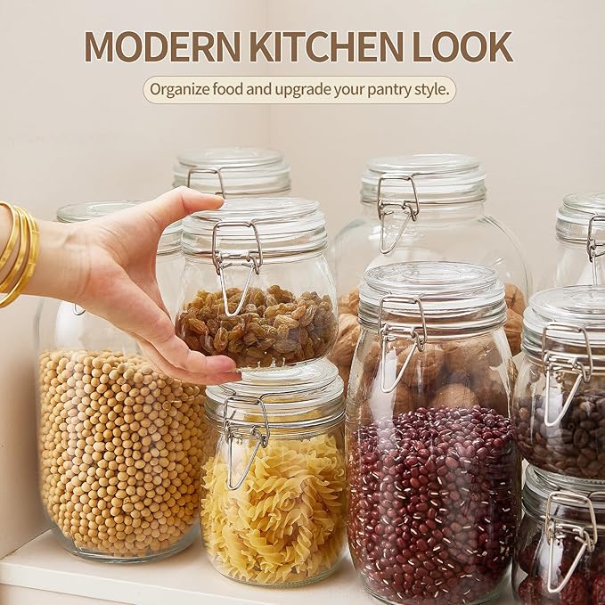 68oz Glass Food Storage Jars with Airtight Lids, Set of 3 – Clear Preserving Seal Wire Clip Fastening Canisters for Kitchen Canning, Flour, Cereal, Pasta, Sugar, Beans, Pickling Jars (68oz*3)
