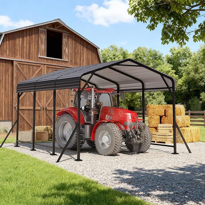 EROMMY 10' x 15' Heavy Duty Metal Carport with Galvanized Steel Roof & Base for All-Weather Protection, Outdoor Carport Garage, Versatile for Car, Boat, Tractor, and Party Use, Dark Gray