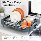 Stainless Steel Dish Drying Rack - Dish Drainer for Kitchen Counter, Extendable Drainboard with Foldable, Space-Saving Cup & Bowl Organizer, Includes Knife and Utensil Holder, Matte-Green