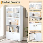 CABIHOME 63" Tall Bookshelf with Cabinet, 5-Tier Wood Bookcase with Wave Top, 6 Cubes & 2 Door Cabinets, Modern Display Storage Shelves with Gold Handles for Living Room, Bedroom & Home Office, White