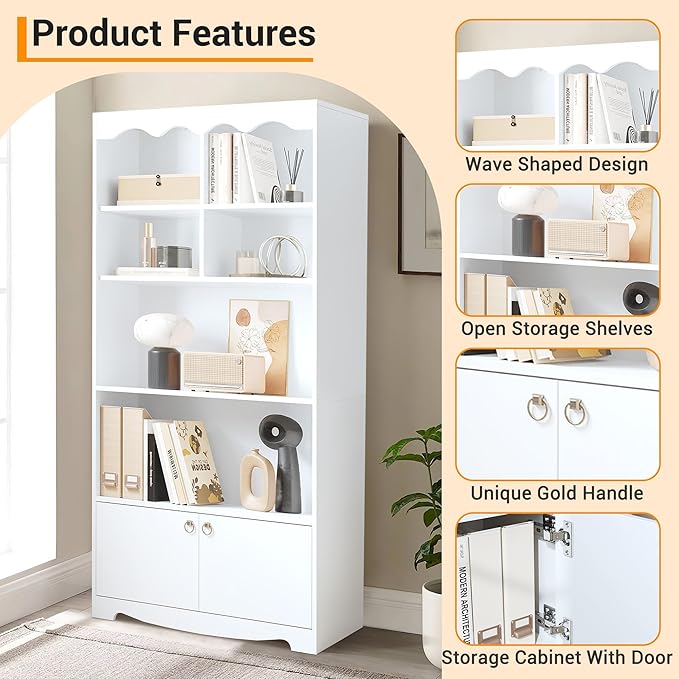 CABIHOME 63" Tall Bookshelf with Cabinet, 5-Tier Wood Bookcase with Wave Top, 6 Cubes & 2 Door Cabinets, Modern Display Storage Shelves with Gold Handles for Living Room, Bedroom & Home Office, White