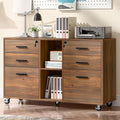 Lateral File Cabinet with Lock, Large Mobile Storage Filing Cabinet with 6 Drawers Fits Files Letter/A4 Size, Rolling Printer Stand with Open Storage Adjustable Shelf for Home Office, Brown