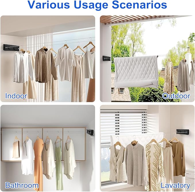 17Ft Retractable Clothesline Indoor/Outdoor, Comes with 30 clothespins, Anti-Sag for Drying Clothes line retracting Indoor/Outdoor, Dual-Line with Each Line 17Ft Long Laundry line Retractable