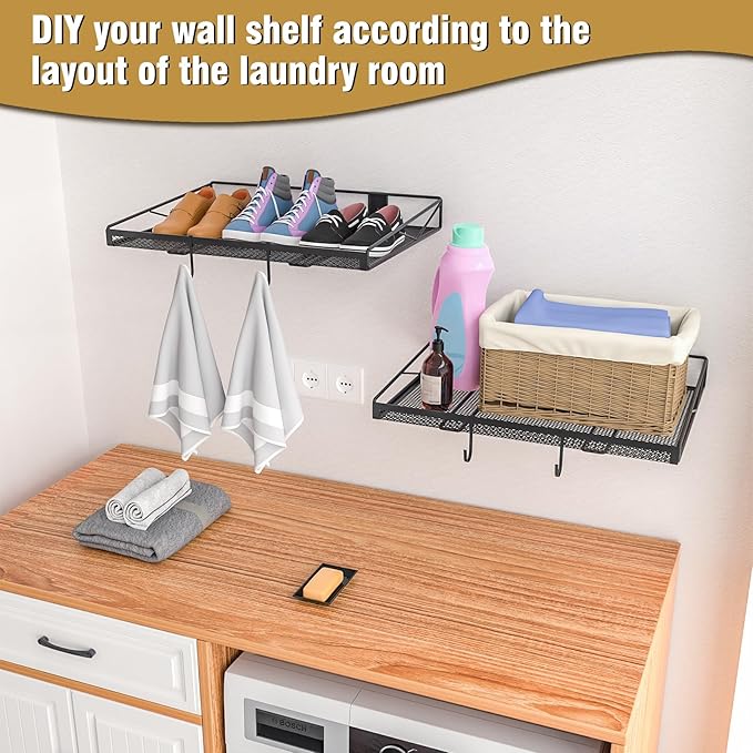 2 Pack Garage Wall Shelf, Garage Wall Mounted Shelving, Heavy Duty Floating Shelves With 4 Hooks, Loads 90 LBS Black Wall Shelves Mesh Storage Rack for Office, Basement, Wall Cabinet and Kitchen