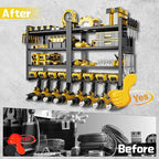 Large Power Tool Organizer Wall Mount, 8 Cordless Drill Holder, 4 Tier Metal Power Tool Shelf Battery Storage with 7 Hooks, Heavy Duty Utility Racks for Garage Workshop, Black