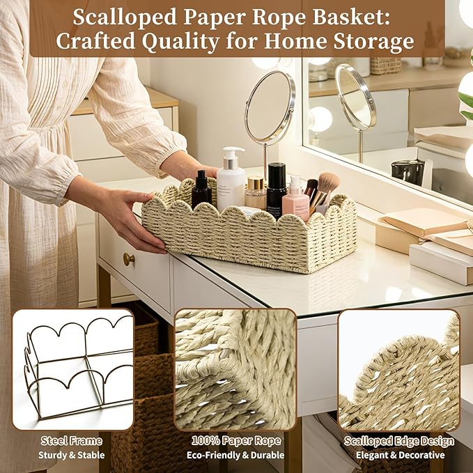 15" x 7.1" x 4" Scalloped Edge Paper Rope Basket, Toilet Paper Storage & Cozy Living Room Decor Basket for Over Toilet Shelf, End Table, Beige