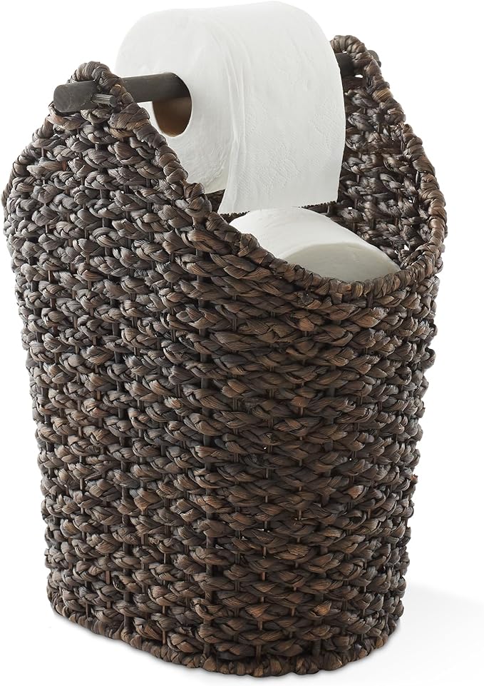 Casafield Toilet Paper Storage Basket with Wood Roll Holder Bar - Espresso, Braided Water Hyacinth Wicker Bathroom Tissue Storage Organizer
