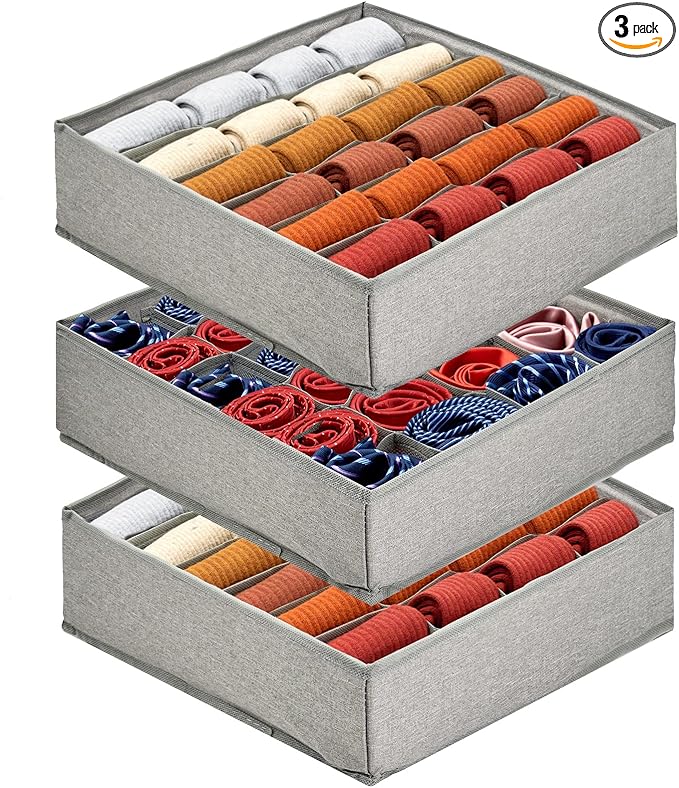 3 Pack 72-Cell Fabric Sock Organizer and Tie Organizer For Men - Fabric Foldable Drawer Divider for Socks, Underwear, Ties and Belts - Foldable, Multi-Cell Design, Space-Saving (Grey)