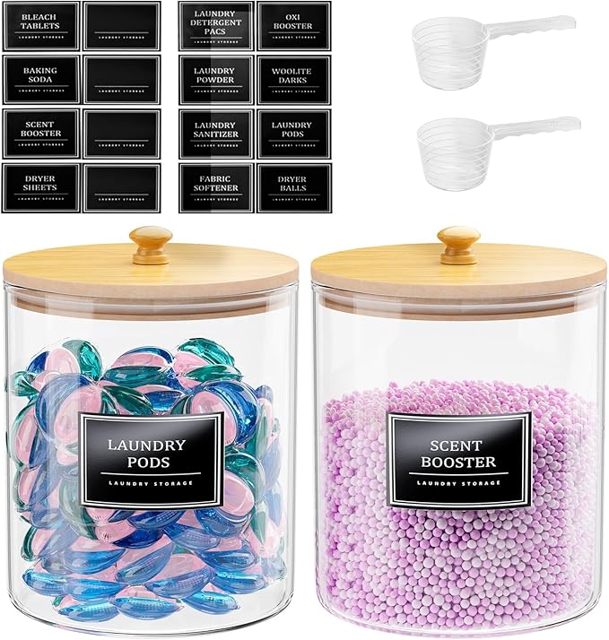 2 Pack Glass Laundry Pods Container, Clear Laundry Room Organization Containers with Lids & Labels, Powder Laundry Detergent Container for Scent Booster, Powder