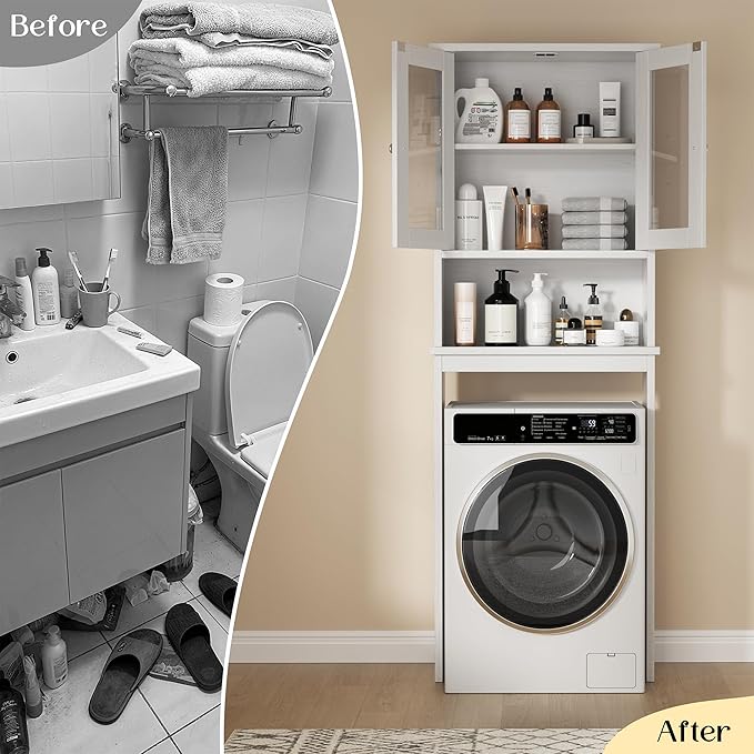 Nuturelly Over The Toilet Storage Cabinet, Bathroom Storage Organizer with Adjustable Shelves and Double Glass Doors, Freestanding Above Toilet Storage with Open Shelf, Wooden Toilet Rack(White)